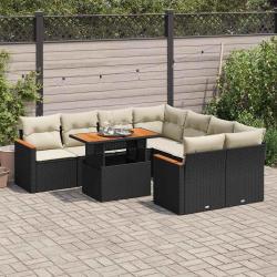 Salon de avec coussins 9 pcs noir r&eacute;sine tress&eacute;e acacia