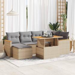 Salon avec coussins, 7 pi&egrave;ces, en r&eacute;sine tress&eacute;e et acacia, beige