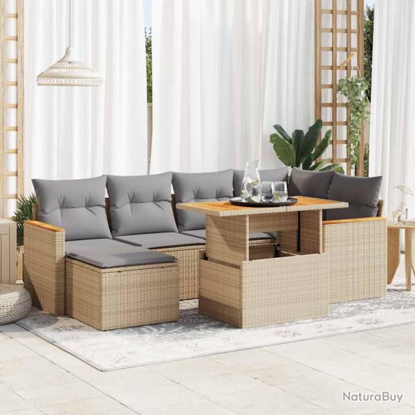 Salon avec coussins, 7 pi�ces, en r�sine tress�e et acacia, beige