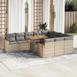 Salon de 11pcs avec coussins beige r&eacute;sine tress&eacute;e acacia
