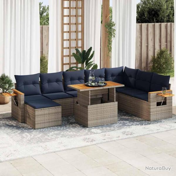 Salon de jardin avec coussins, 10 pi�ces, en r�sine tress�e et acacia gris