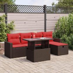 Salon de 6 pcs avec coussins marron r&eacute;sine tress&eacute;e acacia