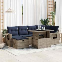 Salon avec coussins, 7 pi&egrave;ces, en r&eacute;sine tress&eacute;e et acacia, gris