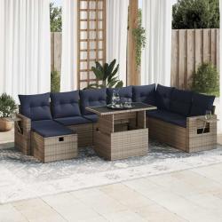 Salon de jardin avec coussins, 9 pi&egrave;ces, r&eacute;sine tress&eacute;e, acacia, gris