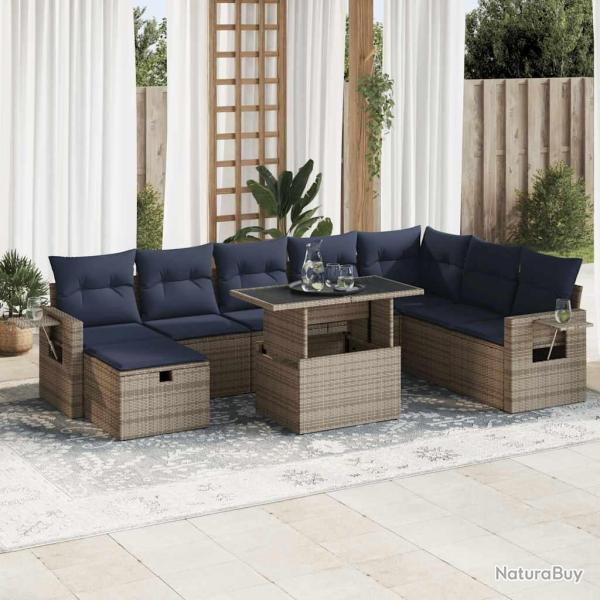 Salon de avec coussins 9pcs gris r�sine tress�e acacia
