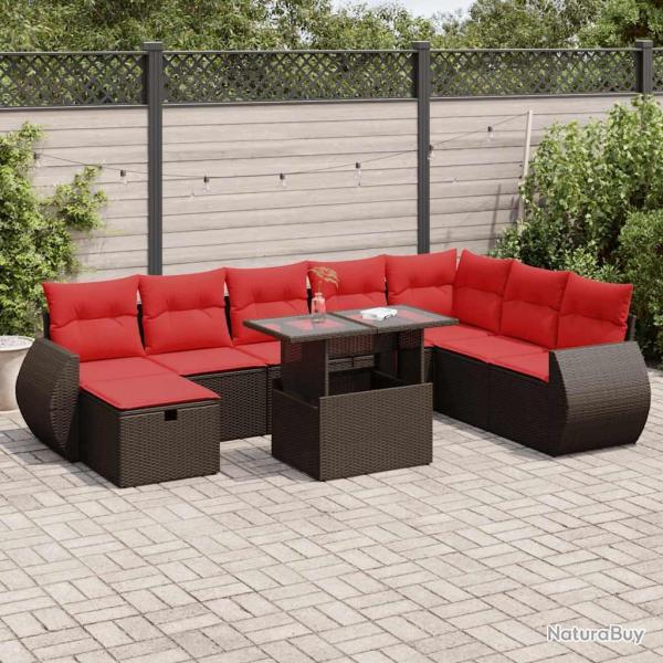 Salon de avec coussins 9 pcs noir r�sine tress�e acacia