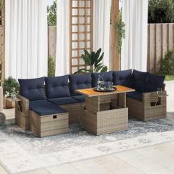 Salon de 8 pi&egrave;ces avec coussins marron en r&eacute;sine tress&eacute;e et acacia