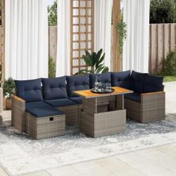 Salon de 8 pi&egrave;ces avec coussins gris en r&eacute;sine tress&eacute;e et acacia