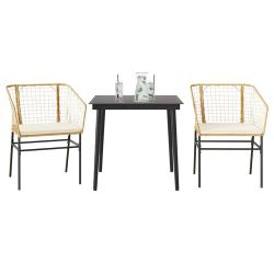 Ensemble &agrave; manger avec coussins, 3 pi&egrave;ces, marron, en poly rotin et verre
