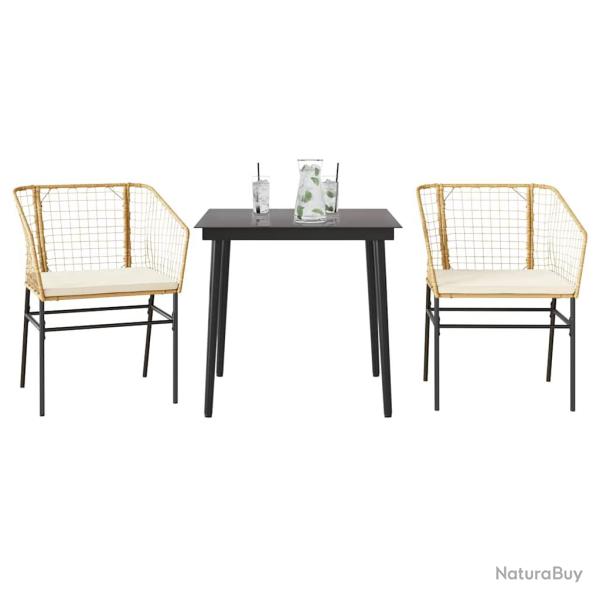 Ensemble � manger avec coussins, 3 pi�ces, marron, en poly rotin et verre