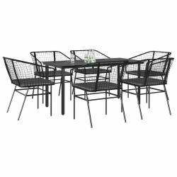 Ensemble &agrave; manger de coussins 7pcs noir poly rotin verre