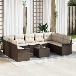 Ensemble de canap&eacute;, 10 pi&egrave;ces, en polyrotin marron, pour le jardin