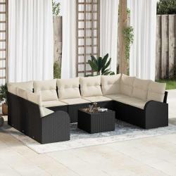 Ensemble de Canap&eacute;s avec coussin 10 pcs Noir Poly Rattan