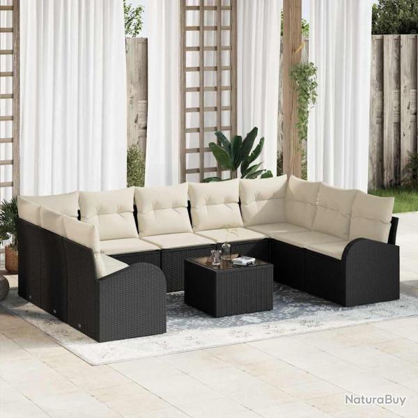 Ensemble de Canap�s avec coussin 10 pcs Noir Poly Rattan