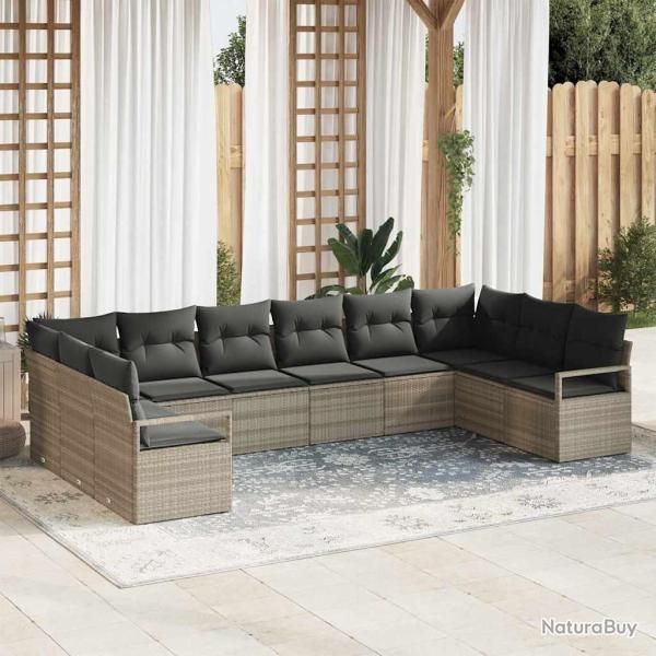 Ensemble de canap�s, 10 pi�ces, gris clair, en rotin synth�tique PE, pour le jardin