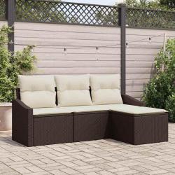 Ensemble de Canap&eacute;s avec coussin 4 pcs Marron polyrotin
