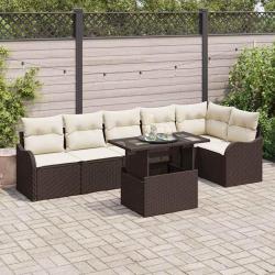 Ensemble de Canap&eacute;s avec coussin 7 pcs Marron Poly rotin