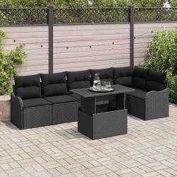 Ensemble de Canap&eacute;s avec coussin 7 pcs Noir Poly rotin