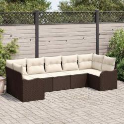 Ensemble de canap&eacute; de 7 pcs Marron et blanc Poly rotin