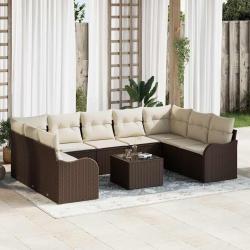 Ensemble de canap&eacute; de 10 pcs Marron et blanc Poly rotin