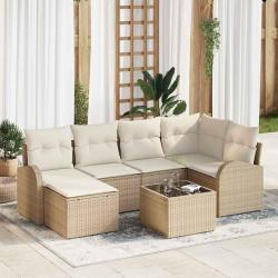 Ensemble de Canap&eacute;s avec coussin 7 pcs Beige et blanc polyrotin