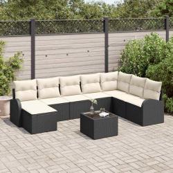 Ensemble de Canap&eacute;s avec coussin 9 pcs Noir et Blanc polyrotin