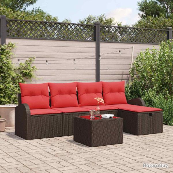 Ensemble de canap�s, 6 pi�ces, marron et rouge polyrotin, pour le salon