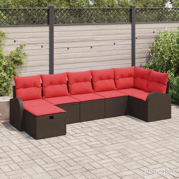Ensemble de canap�s, 7 pi�ces, en polyrotin marron et rouge, pour le salon