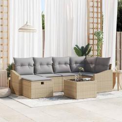 Ensemble de canap&eacute;s avec coussin, beige et gris clair, en polyrotin, pour la terrasse