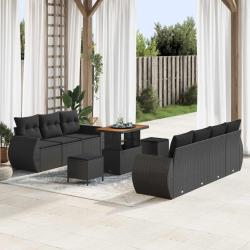 Ensemble de canap&eacute; avec coussin, 10 pi&egrave;ces, en polyrotin noir, pour le salon