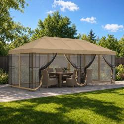Gazebo avec murs lat&eacute;raux en polyester et acier beige, pour le jardin, 6 &times; 3 m