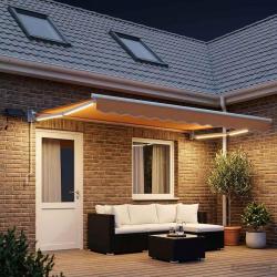 Store banne manuel avec LED solaires, coloris sable, pour la terrasse, 4 &times; 3 m