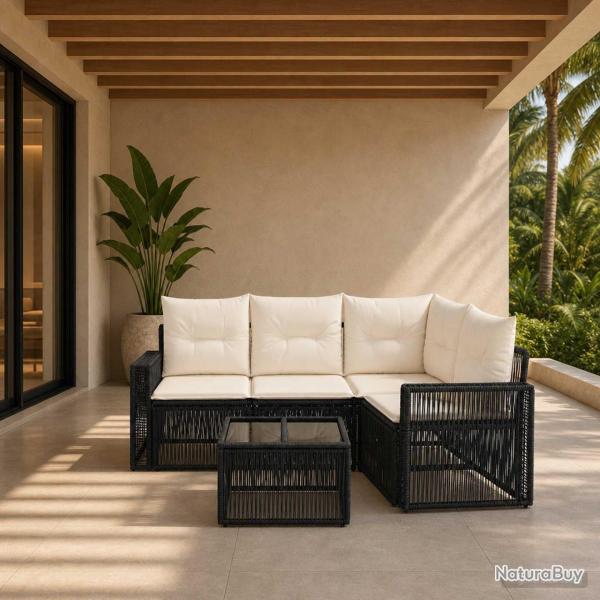 Ensemble de canap�s, 5 pi�ces, 4 places, noir et blanc cr�me, pour la terrasse