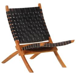 Chaise de relaxation pliable noir cuir v&eacute;ritable