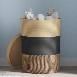Panier de rangement avec couvercle noir et beige &Oslash;37x50cm coton