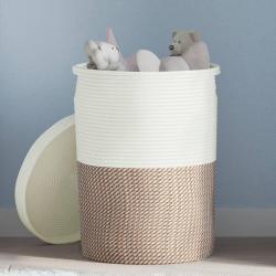 Panier de rangement et couvercle marron et blanc &Oslash;37x50cm coton