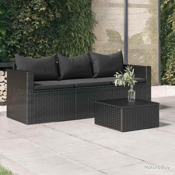 Canap� de � 3 places avec coussins noir r�sine tress�e