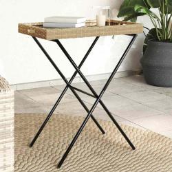 Table &agrave; plateau pliable beige 65x40x75 cm r&eacute;sine tress&eacute;e