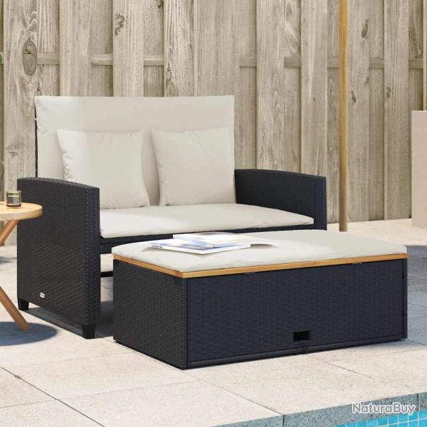 Canap� 2 places avec coussins noirs, en r�sine tress�e et acacia, pour le salon