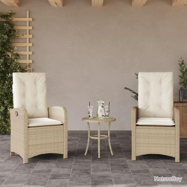 Chaises inclinables de lot de 2 et coussins beige rotin