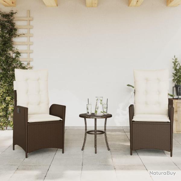 Chaises inclinables de lot de 2 et coussins marron rotin