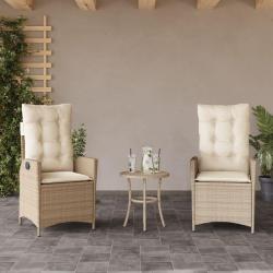 Chaises inclinables de lot de 2 et coussins beige rotin