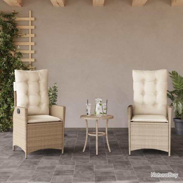 Chaises inclinables de lot de 2 et coussins beige rotin