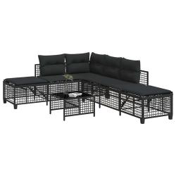 Salon de d'angle 3 pcs avec coussins noir r&eacute;sine tress&eacute;e