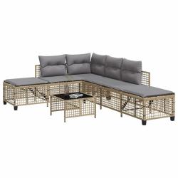 Salon de jardin d'angle avec coussins, 3 pi&egrave;ces, rotin, m&eacute;lange beige