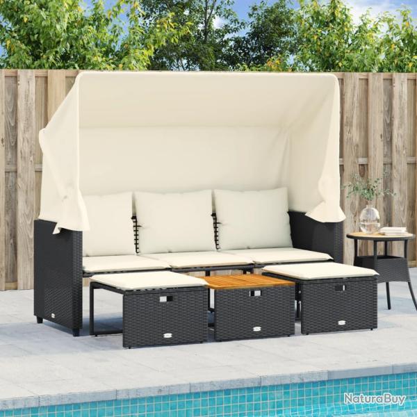 Canap� de 3 places avec auvent et tabourets noir rotin