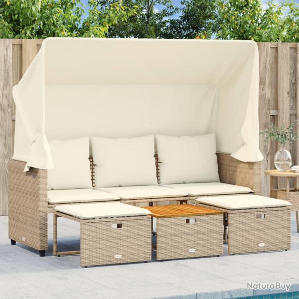 Canap� de 3 places avec auvent et tabourets beige rotin