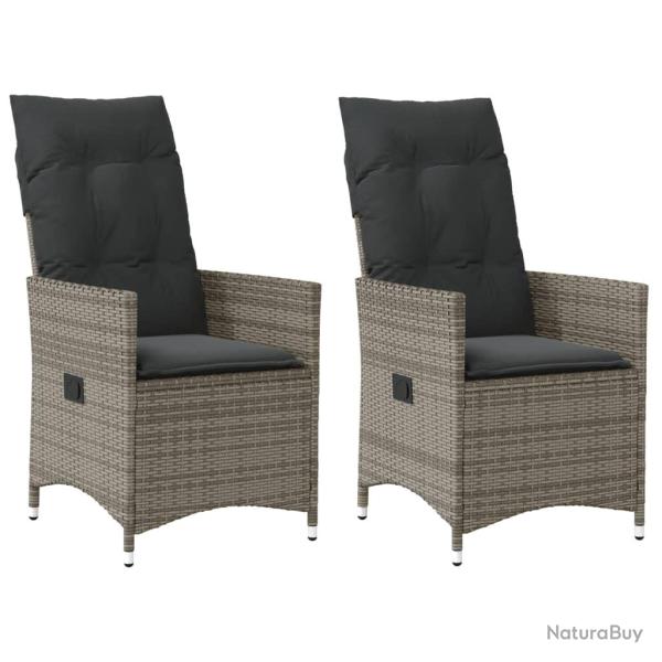 Chaises inclinables de lot de 2 et coussins gris rotin