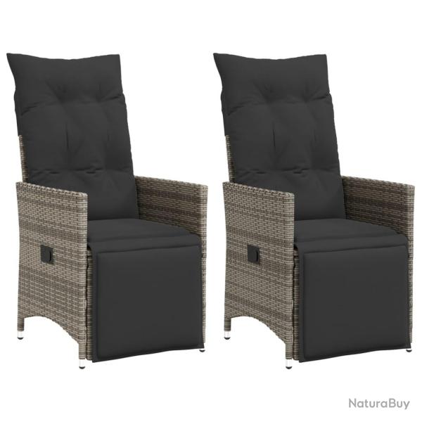 Chaises inclinables de lot de 2 et coussins gris rotin