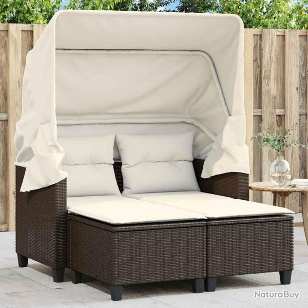 Canap� de 2 places avec auvent et tabourets marron rotin
